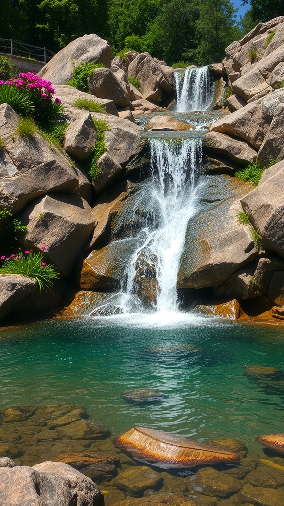 A beautiful waterfall flowing over rocks into a clear pool, surrounded by flowers and greenery.