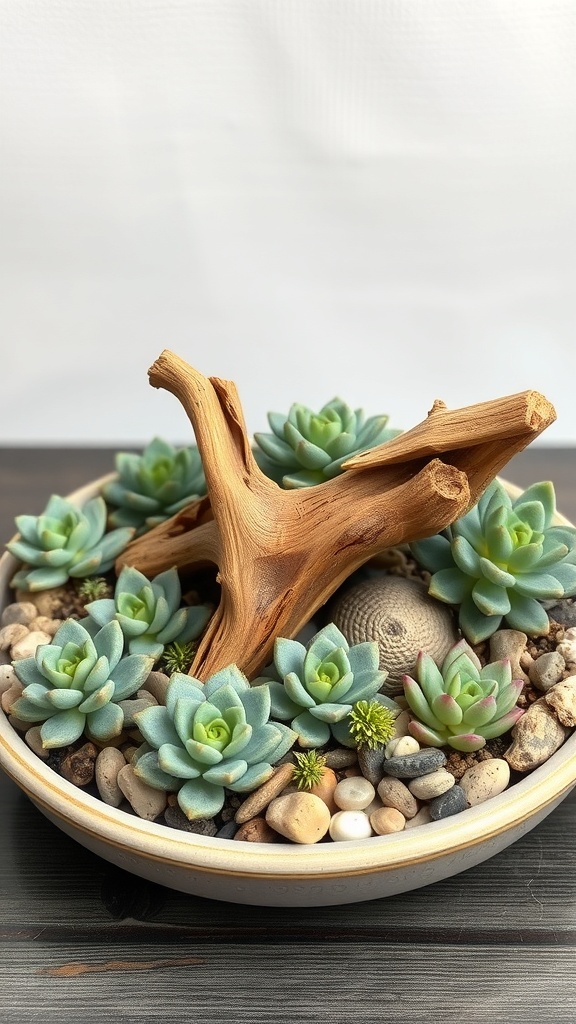 A succulent dish garden featuring various succulents arranged around a piece of driftwood, with small pebbles for decoration.