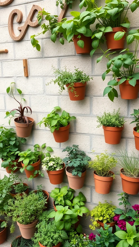 A wall-mounted herb garden with various potted herbs arranged neatly.