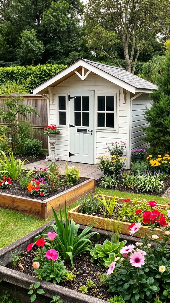A charming garden shed surrounded by colorful flowers and garden beds.