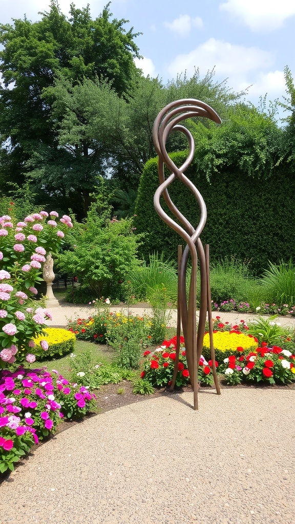 A modern metal sculpture surrounded by colorful flowers in a garden.