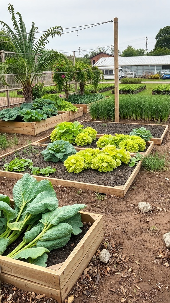 A garden layout with raised beds filled with leafy greens and lettuce, showcasing seasonal planting potential.