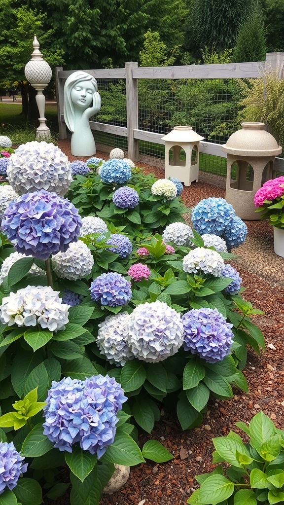 A vibrant hydrangea garden featuring blue and pink flowers, a sculpture of a woman, and decorative lanterns.