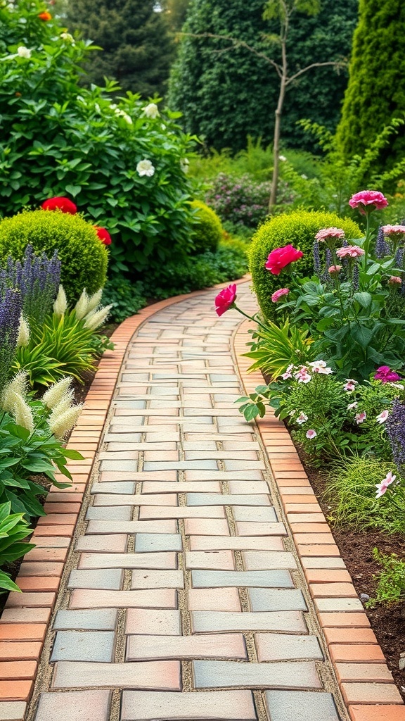 A beautifully designed garden pathway made of bricks, surrounded by colorful flowers and greenery.