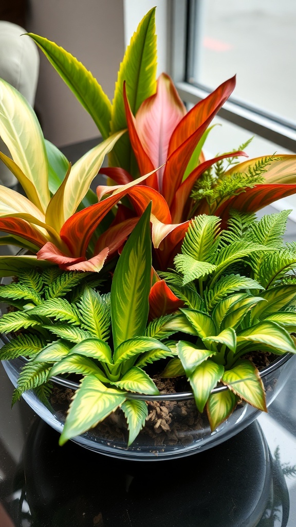 A tropical dish garden featuring various plants with variegated foliage in a clear container.