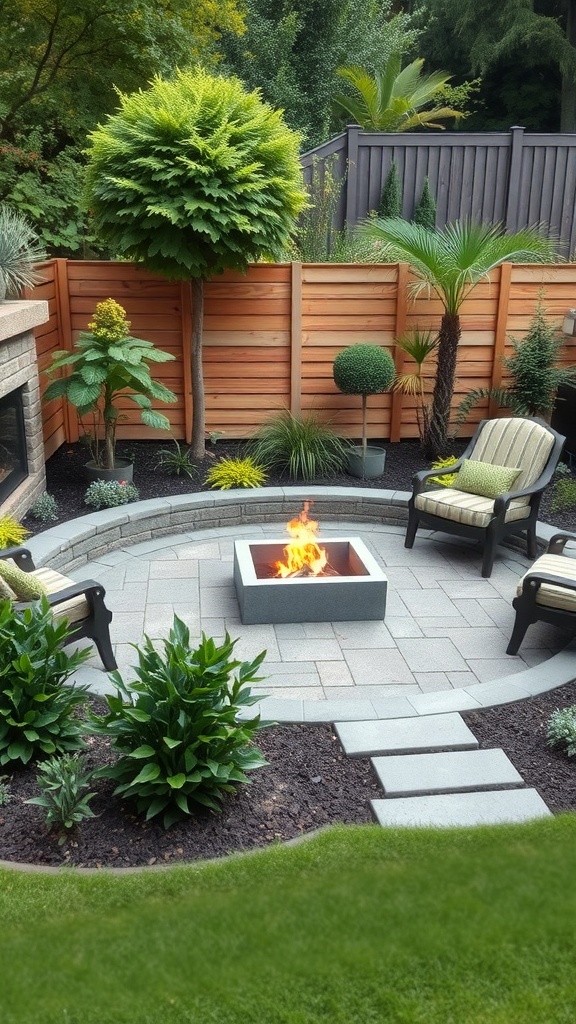A cozy fire pit garden design featuring a stone fire pit, surrounded by seating and lush plants.
