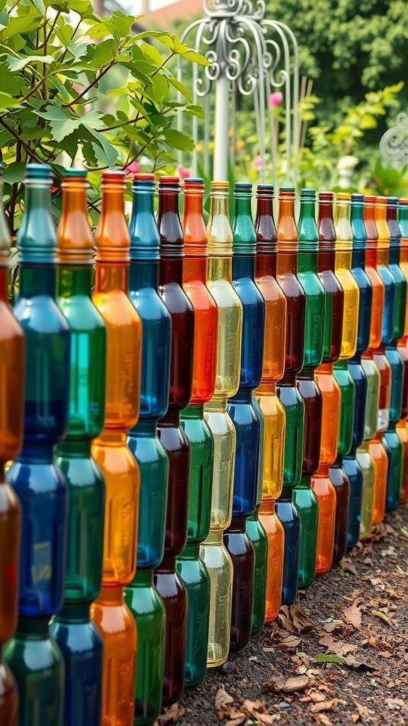 Colorful recycled bottles arranged to form a decorative garden fence.