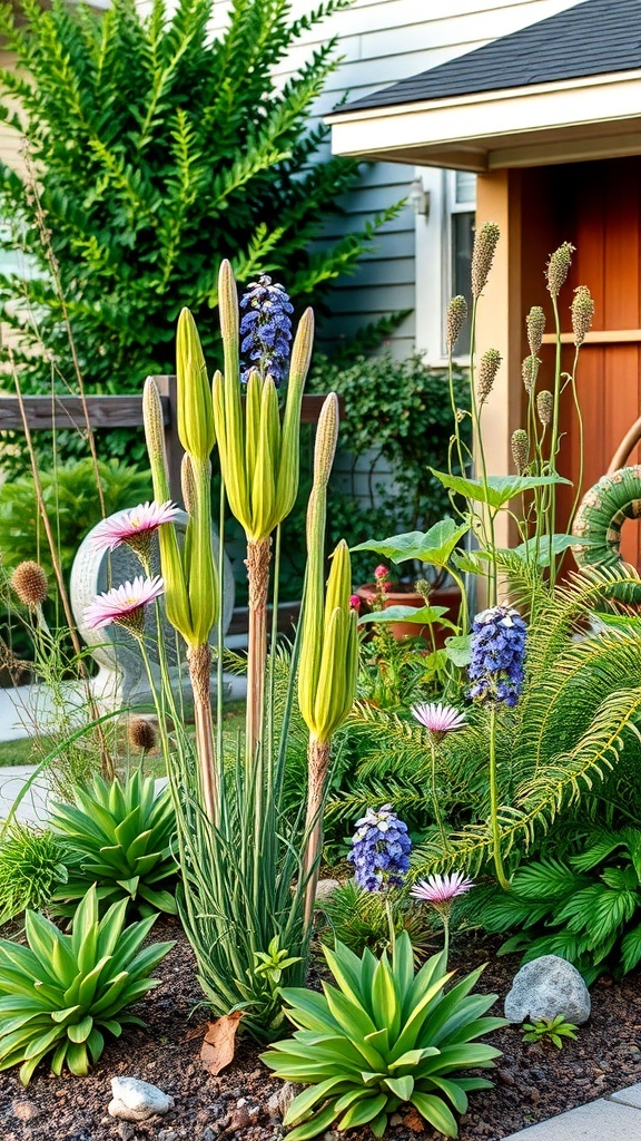 A colorful front garden featuring various native plants, including tall green stalks and vibrant flowers.
