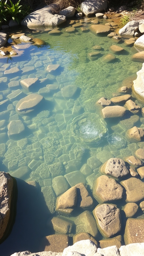 A natural swimming pond with clear water and scattered stones.