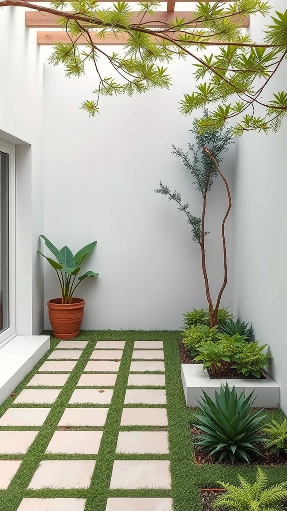 A serene courtyard garden featuring stone pathways, potted plants, and greenery.
