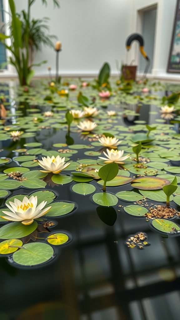 An indoor water garden featuring floating water lilies and lush green leaves.
