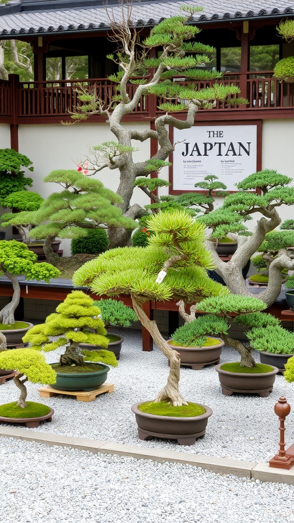 A variety of bonsai trees displayed in a garden setting.