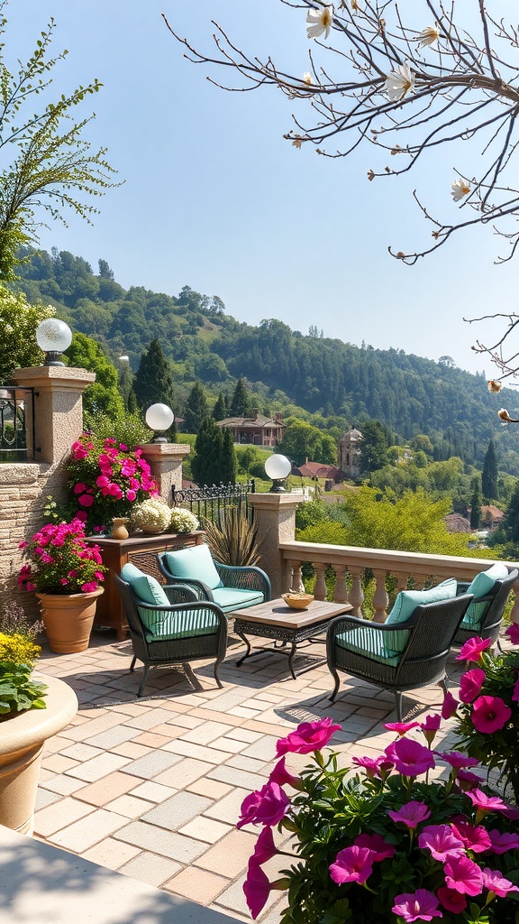 A beautiful patio with comfortable seating and vibrant flowers, overlooking a lush sloped garden.