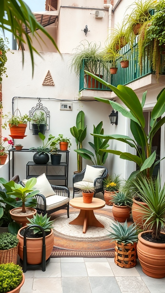 A cozy terrace garden with various plants, comfortable seating, and decorative elements.
