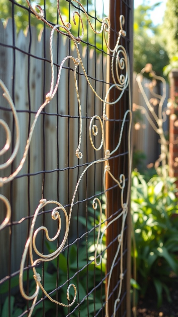 Artistic wire design on a garden fence with swirls and curves