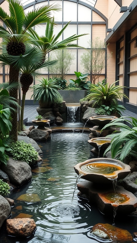 Indoor water garden featuring fountains, lush plants, and a serene atmosphere.