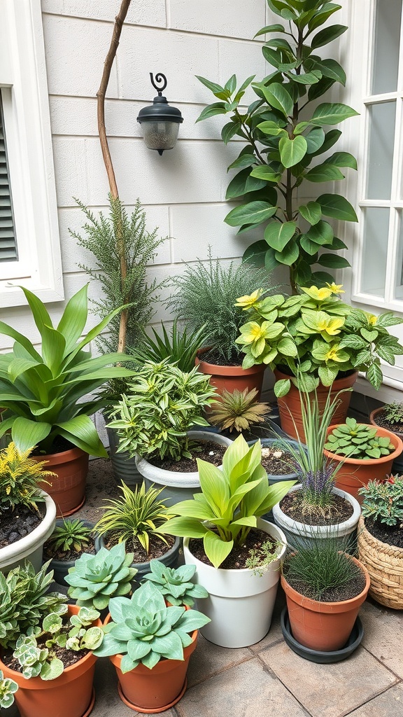 A collection of potted plants in a courtyard garden, showcasing various types and sizes.