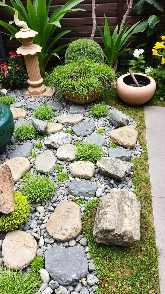 A beautifully designed terrace garden featuring decorative elements like statues, varied planters, and decorative stones.