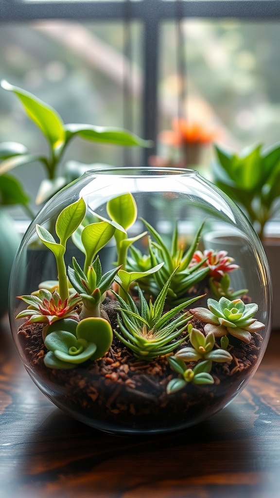 A vibrant rainforest dish garden featuring various succulents and tropical plants in a glass container.