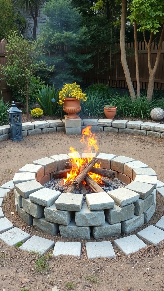 A fire pit surrounded by stones in a garden, with flames and greenery in the background.