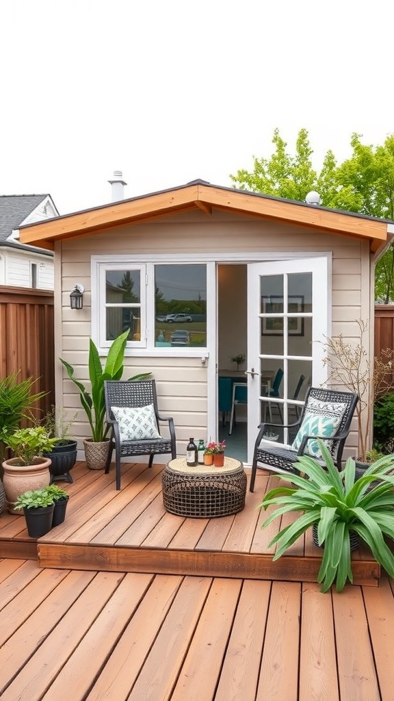 A contemporary garden shed with a wooden deck, featuring potted plants and outdoor seating.