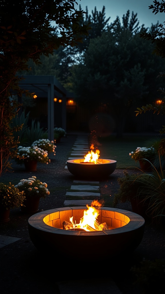 A serene fire pit garden with glowing fire pits and soft hanging lights along a pathway.