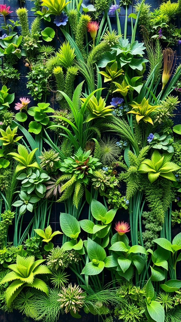 A vibrant indoor aquatic plant wall featuring various green plants and colorful flowers.