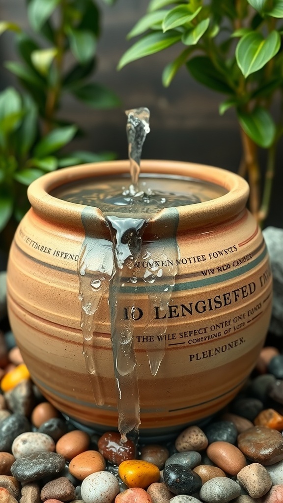 A ceramic pot water feature with water flowing from the rim, surrounded by pebbles and greenery.