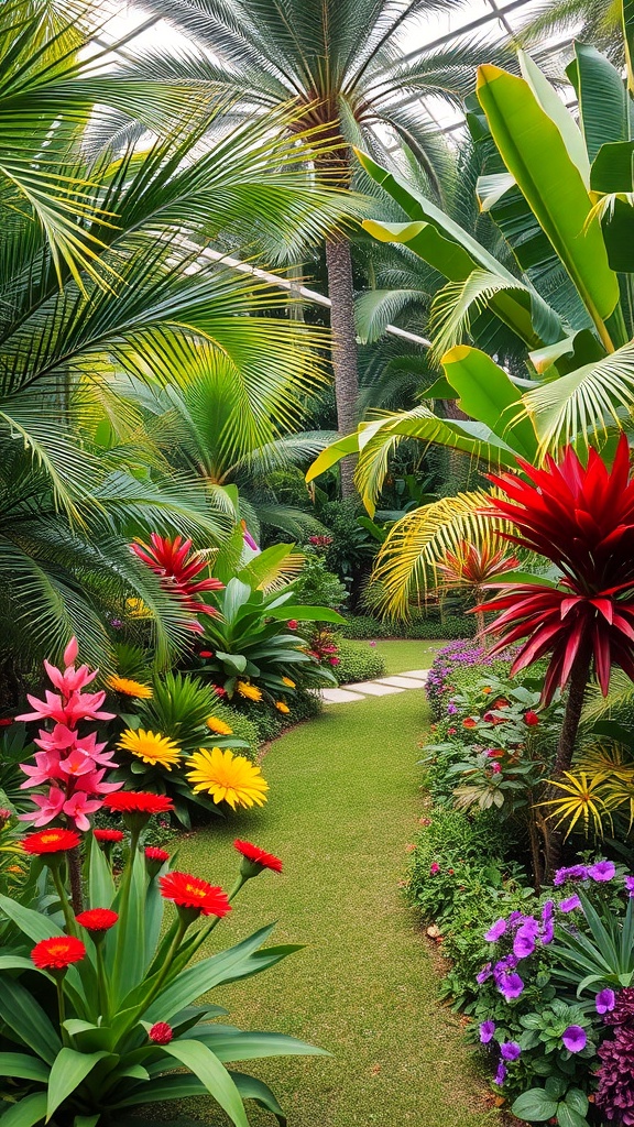 A vibrant tropical garden with colorful flowers and lush green plants along a pathway.