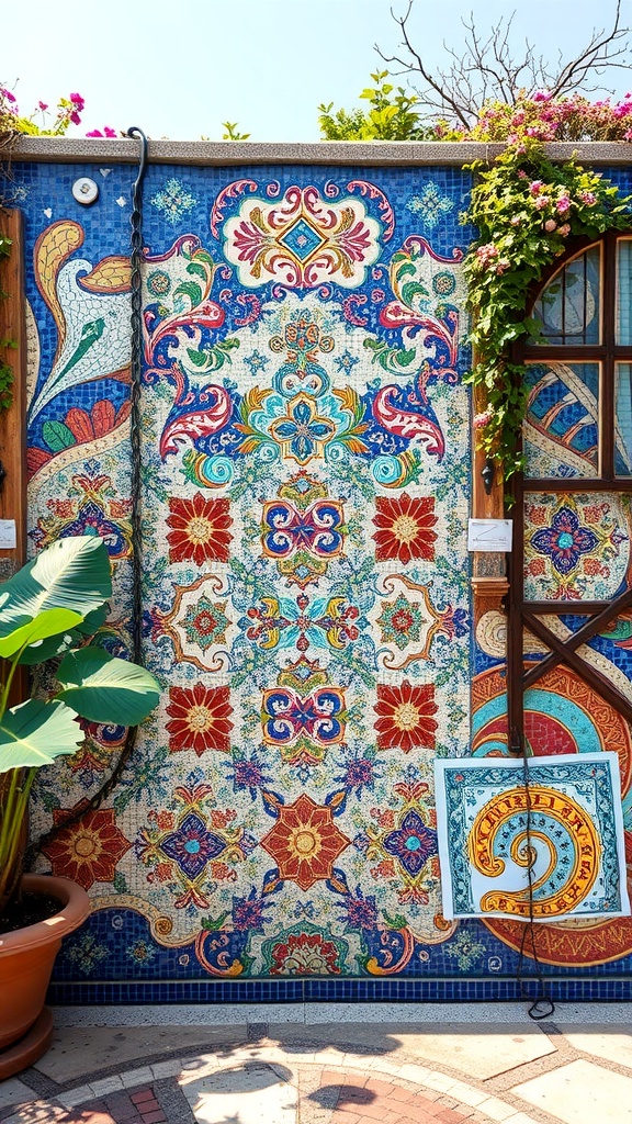 Colorful mosaic garden wall with intricate patterns and vibrant hues
