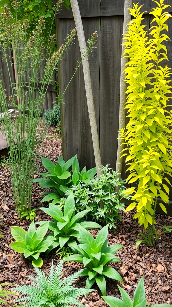 A small garden layout with layered planting, featuring various green plants and a bright yellow plant against a wooden fence.