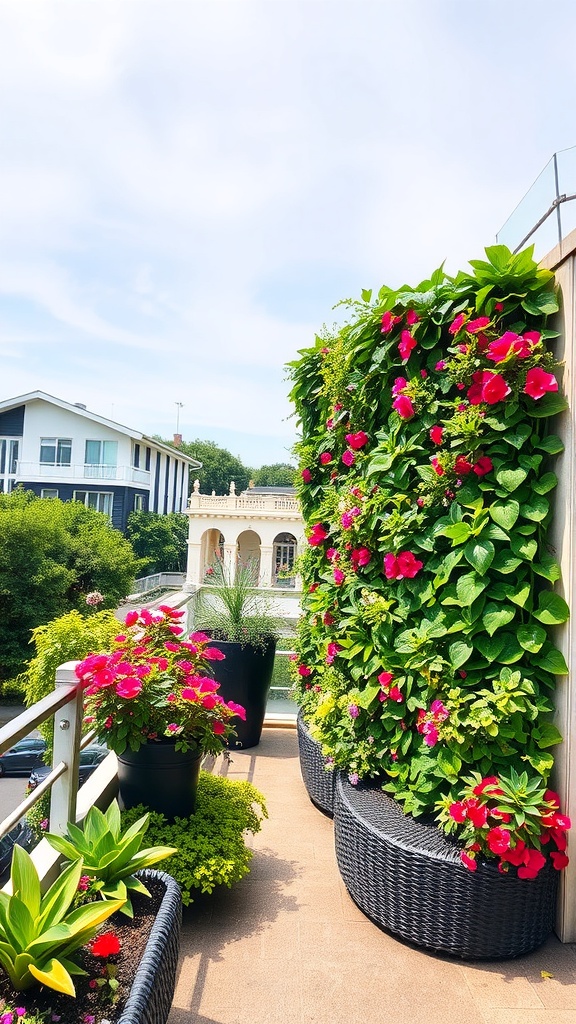 A terrace garden featuring a vertical garden wall with colorful flowers and lush greenery.
