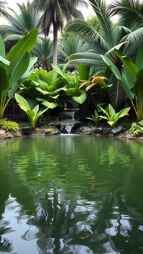 A tranquil pond with a waterfall surrounded by lush tropical plants.