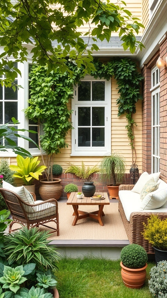 Cozy front garden seating area with wicker furniture and lush greenery.
