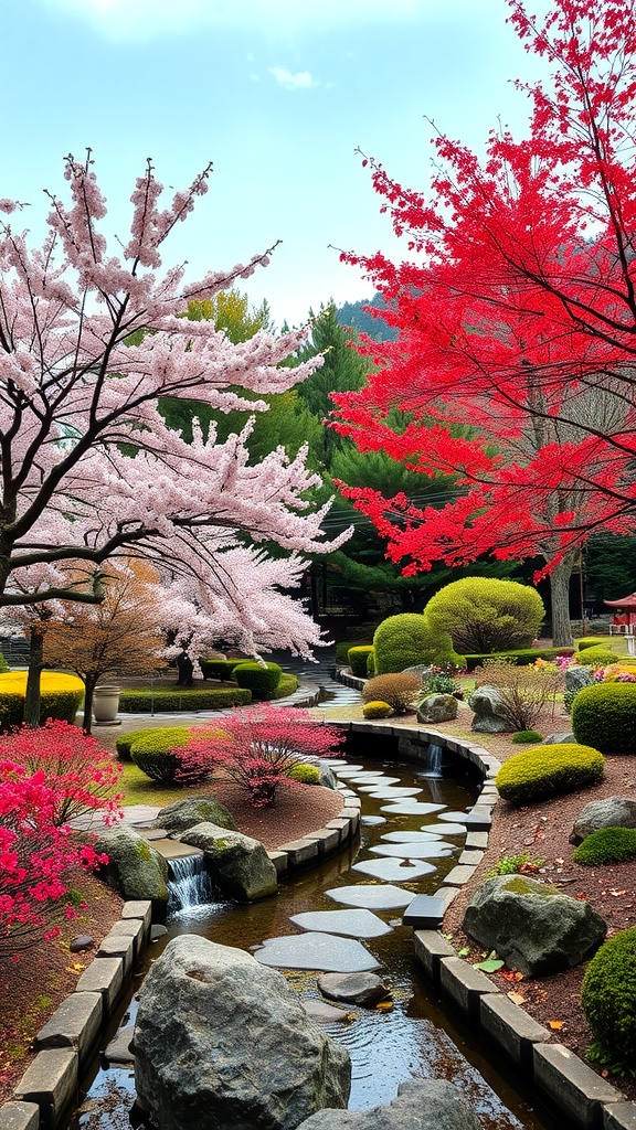 A beautiful Japanese garden showcasing seasonal changes with cherry blossoms and vibrant autumn leaves.