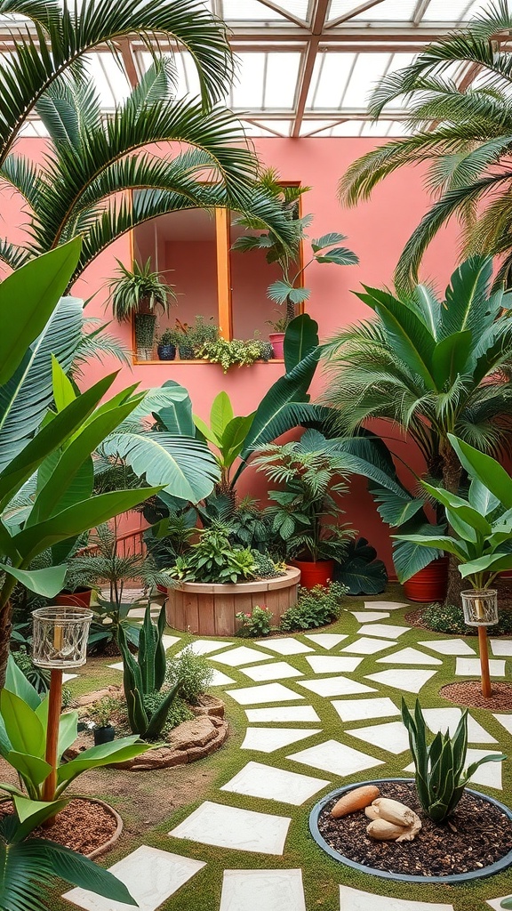 A vibrant indoor tropical garden with lush greenery and pink walls.