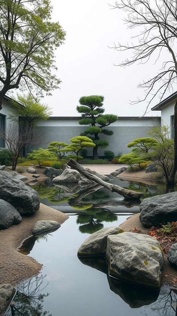 A Japanese garden featuring a tall pine tree, smaller shrubs, rocks, and a reflective pond.