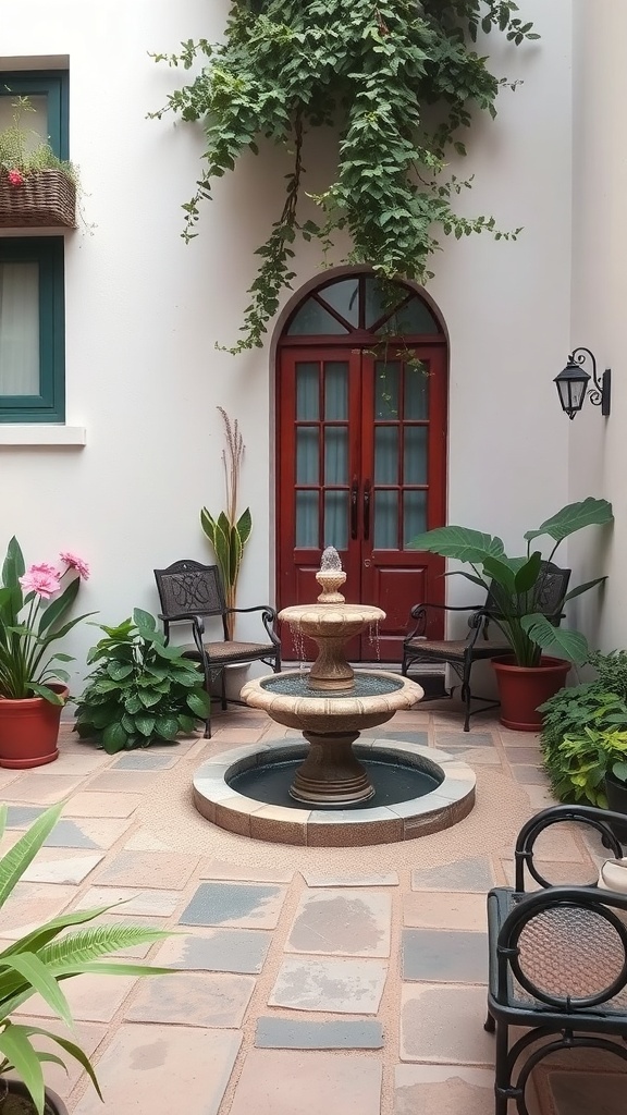 A small patio garden featuring a central fountain surrounded by plants and seating.