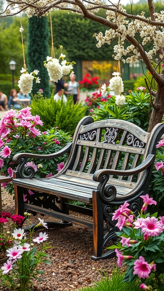 A vintage wooden bench surrounded by colorful flowers in a garden.