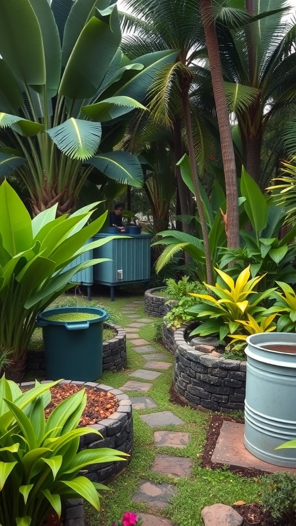 A tropical garden featuring large plants, a stone pathway, and rainwater collection barrels.