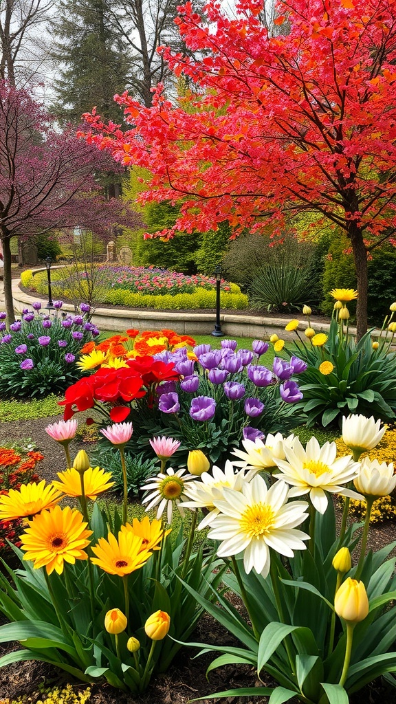 A vibrant botanical garden with colorful flowers and trees in bloom.