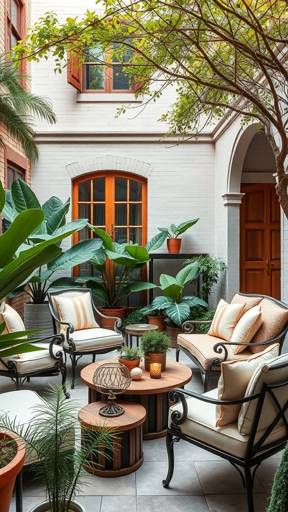 Cozy courtyard garden with comfortable seating and lush plants