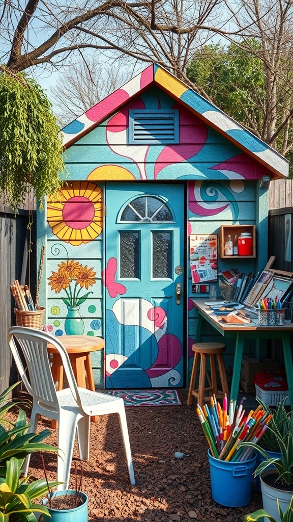 A colorful garden studio with a blue door, vibrant patterns, and a cozy workspace surrounded by plants.