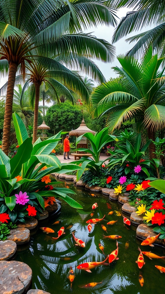 A lush tropical garden featuring palm trees, colorful flowers, and a koi pond.