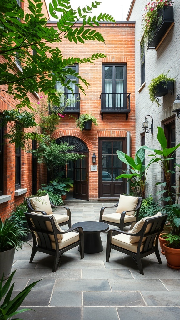 Cozy seating area in a courtyard garden with comfortable chairs, a small table, and lush greenery.