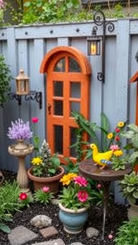 A charming entrance to a secret garden with vibrant flowers, a stone path, and cozy seating.