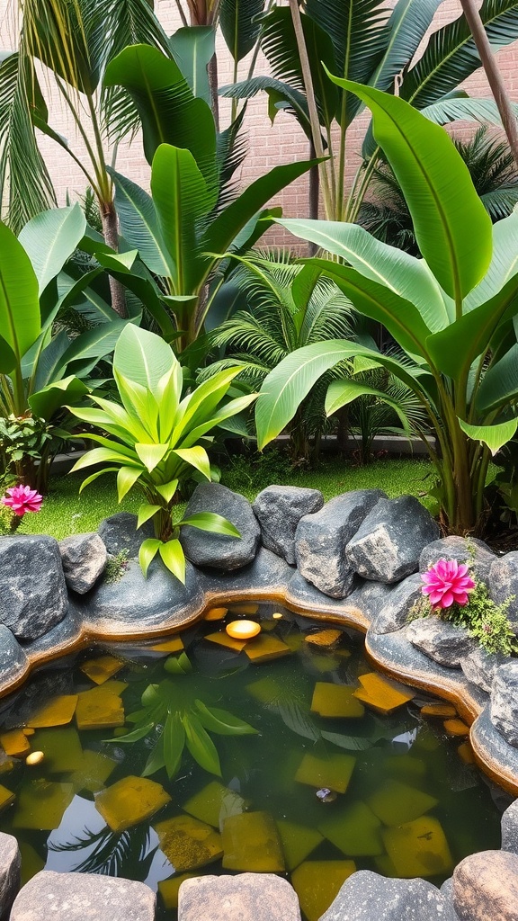 A tranquil pond surrounded by tropical plants and flowers.
