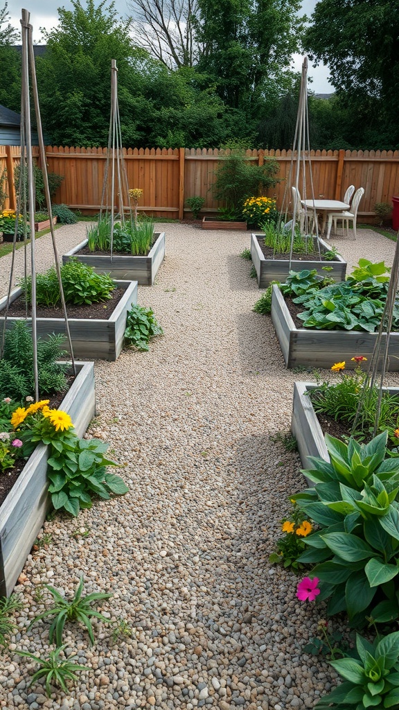 Raised garden beds with gravel pathways for easy access.