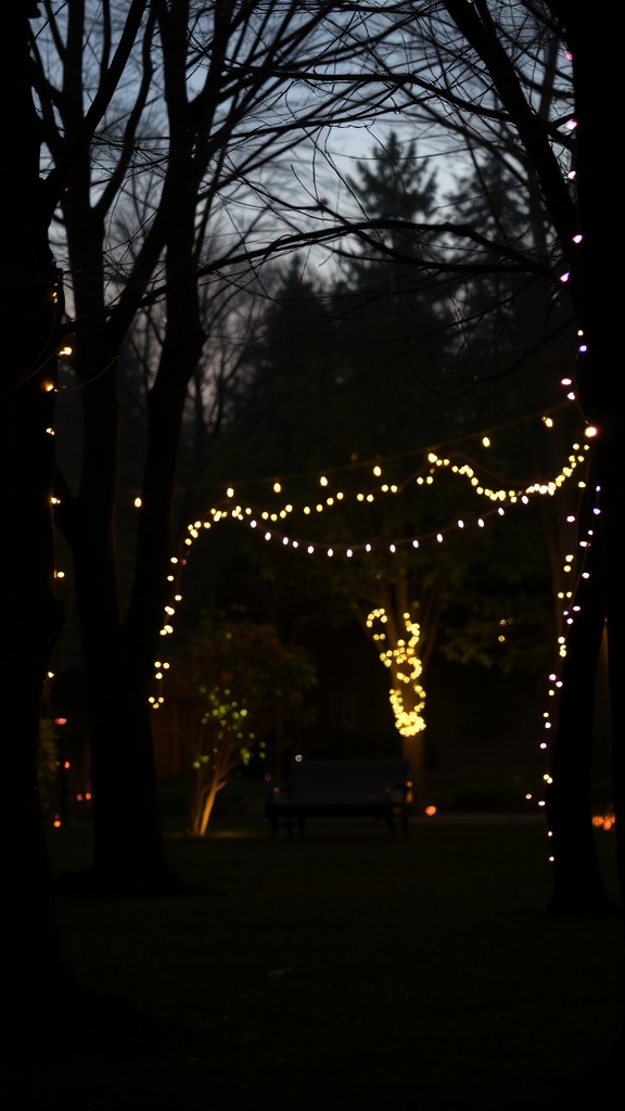 A garden at dusk with fairy lights strung between trees, creating a magical atmosphere.