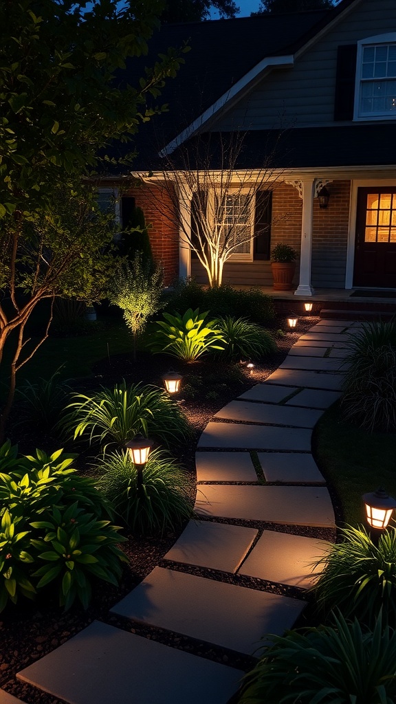 A well-lit front yard garden with pathway lights illuminating the walkway and plants.